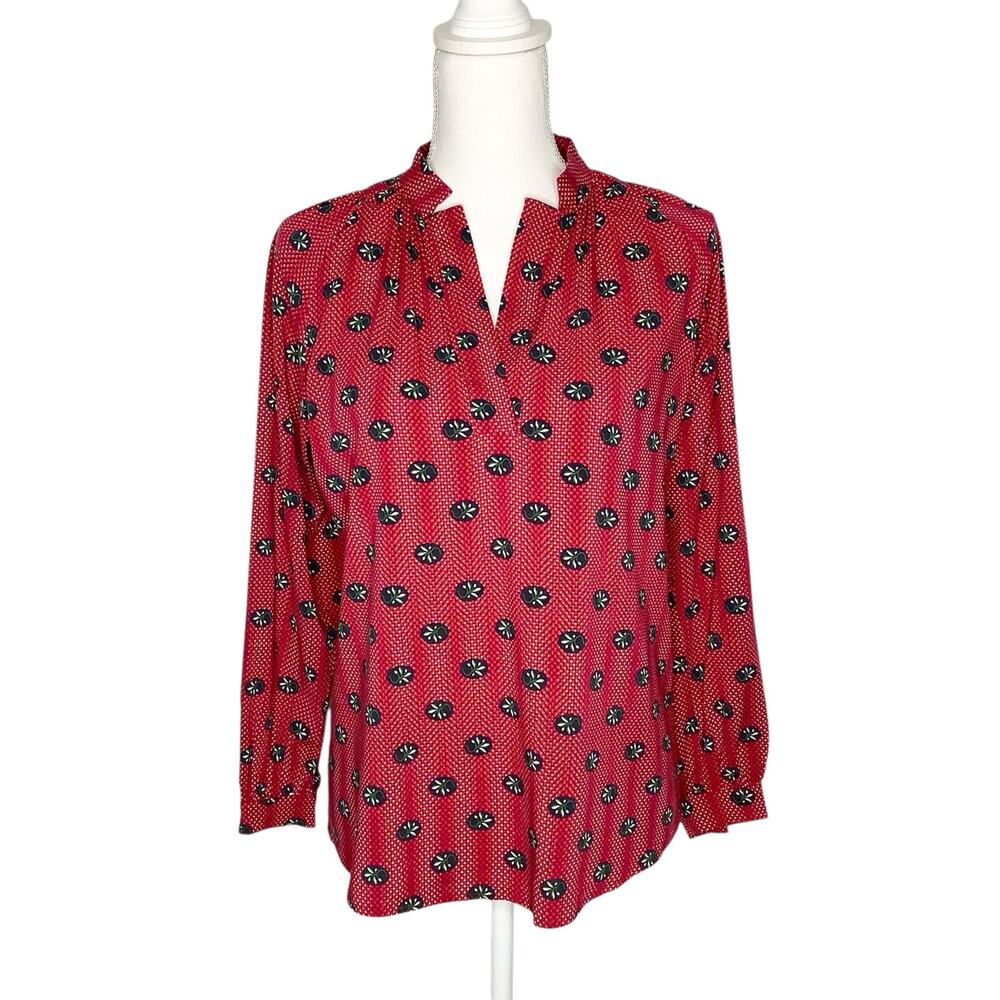 Tucker The Long Sleeve Polo Blouse Raspberry Parade Notched V-Neck XS